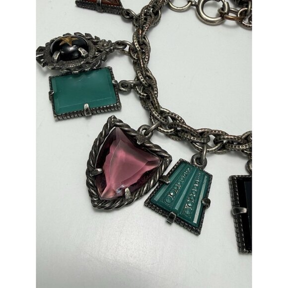 Vintage ArtDeco Czech Carved Art Glass Charm Bracelet Multicolor Circa 30s Rare - Picture 8 of 13